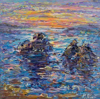 Irina Maiboroda; Sea Landscape With Rocks, 2017, Original Painting Acrylic, 13 x 13 cm. Artwork description: 241 sea, coastal line, landscape, sunset, water, nature, rocks, marinism...