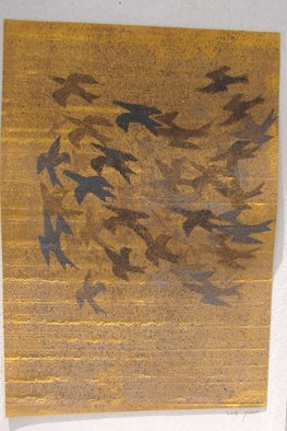 Tamara Sorkin; Starlings Over Fields, 2014, Original Printmaking Other, 25.5 x 35 cm. Artwork description: 241      this is a print and collage                                ...