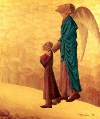 Israel Tsvaygenbaum; Boy Leading The Blind Angel, 1997, Original Painting Oil, 22 x 28 inches. Artwork description: 241  The boy in the painting Boy Leading the Blind Angel with a Torah in his hand is leading the blind angel through the desert. The image is based on a dream Tsvaygenbaum had. In his dream, he also saw a vision of the future, where God trusts ...