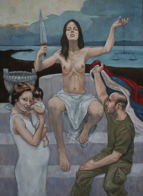 Ivan Kocich; Justice, 2010, Original Painting Oil, 100 x 140 cm. Artwork description: 241   portrait nude girl figure figurative symbolism realism baby mother motherhood courage soldier justice ...