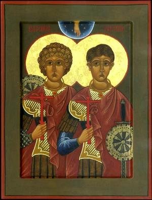 Nancy B Jackson; Saints Sergius And Bacchus, 2001, Original Painting Tempera, 12 x 16 inches. Artwork description: 241 AVAILABLE BY COMMISSION - - Egg tempera on carved wood panel with 23 Karat gold - - Ss. Sergius & Bacchus, respected military officers in the Roman army, were martyred under Roman law in the early years of the Christian church for refusing to worship the emperor. These saints are venerated by ...