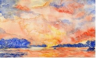 Jacqueline Weegels; Chesapeake Sunrise, 2005, Original Watercolor, 10 x 7 inches. Artwork description: 241 A warm sunrise on the Chesapeake Bay. Unframed....