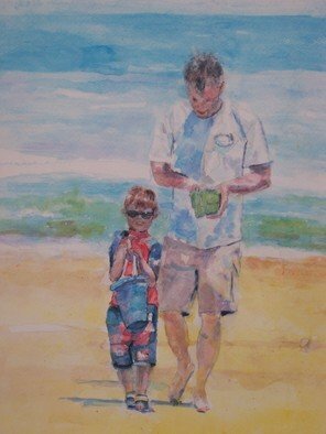 Jacqueline Weegels; Curtis And Dad On The Beach, 2009, Original Watercolor, 18 x 24 inches. Artwork description: 241  Curtis and his dad, Dave, are taking a walk on the beach with their buckets. ...
