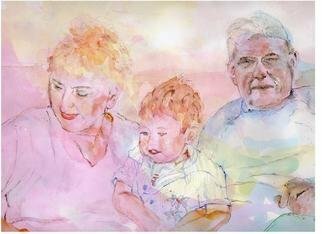 Jacqueline Weegels; Curtis With Grandma And G..., 2007, Original Watercolor, 18 x 24 inches. Artwork description: 241  This is the 3rd commissioned portrait I' ve done of this adorable little boy from Minneapolis. Each time I' ve incorporated 2- 3 photos into the final ready to hang painting. Curtis is sitting in between the grandparents....