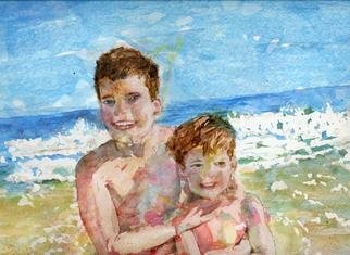 Jacqueline Weegels; Mark And Joe, 2005, Original Watercolor, 10 x 8 inches. Artwork description: 241 Mark and Joe Diemer were enjoying a bright day at the beach, with the waves crashing onto the sand behind them....