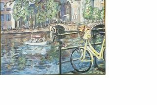Jacqueline Weegels; Yellow Bicycle, 1997, Original Painting Oil, 24 x 18 inches. Artwork description: 241 With gilded frame and mat. I grew up in the Netherlands, where the bicycle is an important part of daily life. This Amsterdam scene captures the essence of this sturdy, dependable' fiets' .  NOTE: Framed....