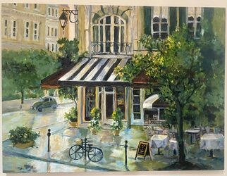 Jacqueline Weegels; French Corner Cafe Original, 2019, Original Painting Oil, 40 x 30 inches. Artwork description: 241 A Parisian cafe scene with  an  old  bike and 2CV. Painted from a beloved and worn out set of place mats and used creative license to add and change slightly. ...