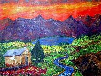 James Parker; Mountian Cabin Sunset, 2003, Original Painting Acrylic, 11 x 9 inches. Artwork description: 241 Colorful sunset in a fantasy mountain setting. ...