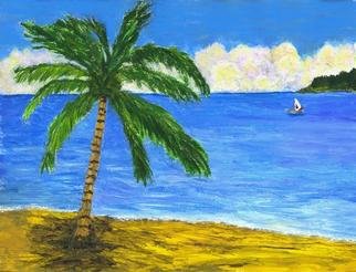 James Parker; Palm And Boat, 2003, Original Painting Acrylic, 10 x 7 inches. Artwork description: 241 Bright colorful painting of a palm on the shore with a bright blue sea and boat in the distance. ...