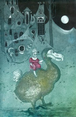 Jane Daniell; King Of The Castle, 2013, Original Printmaking Intaglio, 8.5 x 11 inches. Artwork description: 241  This is an image of a rather precocious child seated on a dodo. It doesn't belong to any story ( that I know of) and is a limited edition aquatint etching. The zinc plate has received several dips in acid to produce the contrast where it' bites' ...