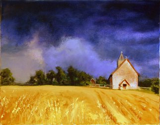 Janine Kilty; Close Upon, 2010, Original Painting Oil, 14 x 11 inches. Artwork description: 241 Country church in field against a threatening sky ...