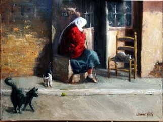 Janine Kilty; Companions II, 2009, Original Painting Oil, 24 x 20 inches. Artwork description: 241  Old woman in doorway with cats.    ...