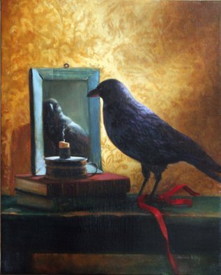 Janine Kilty; Still Life With Crow, 2009, Original Painting Oil, 20 x 24 inches. Artwork description: 241  Still life with crow, books and mirror.  Painted from life ( taxidermied specimen) .  ...