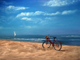 Janine Kilty; Tryst, 2010, Original Painting Oil, 40 x 30 inches. Artwork description: 241  Image depicting bicycle on beach with sailboat on horizon      ...