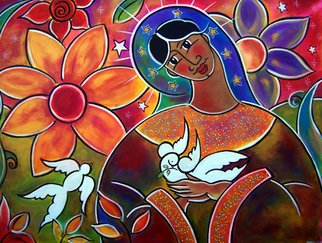 Jan Oliver; A Garden For Mary, 2006, Original Painting Acrylic, 48 x 36 inches. Artwork description: 241 Mary is featured in beautiful garden cradling the dove of peace....