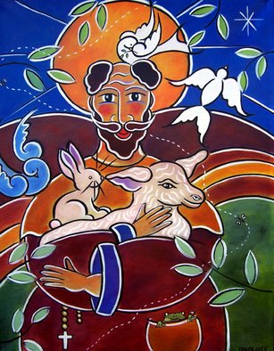Jan Oliver; Saint Francis, 2006, Original Painting Acrylic, 30 x 40 inches. Artwork description: 241 A joyful painting of Saint Francis surrounded by host of loving creatures.  Saint Francis cradles the lamb of God....