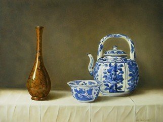 Jan Teunissen; Chinese Kraak Bowl And Wi..., 2012, Original Painting Oil, 40 x 30 cm. Artwork description: 241 Oilpainting on boardChinese Kraak hooded Kraak bowl and wine pot and bronze vase...