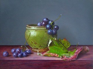 Jan Teunissen; Jar Of Grape And Leaf, 2010, Original Painting Oil, 18 x 24 inches. Artwork description: 241 Jar of grape and leafOilpainting on board...