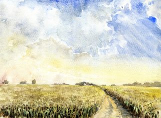 Jaroslaw Glod; Countryside, 2012, Original Watercolor, 40 x 30 cm. Artwork description: 241  watercolor, watercolour, landscape, coauntryside, field, corn, sky, clouds   restaurant,           ...