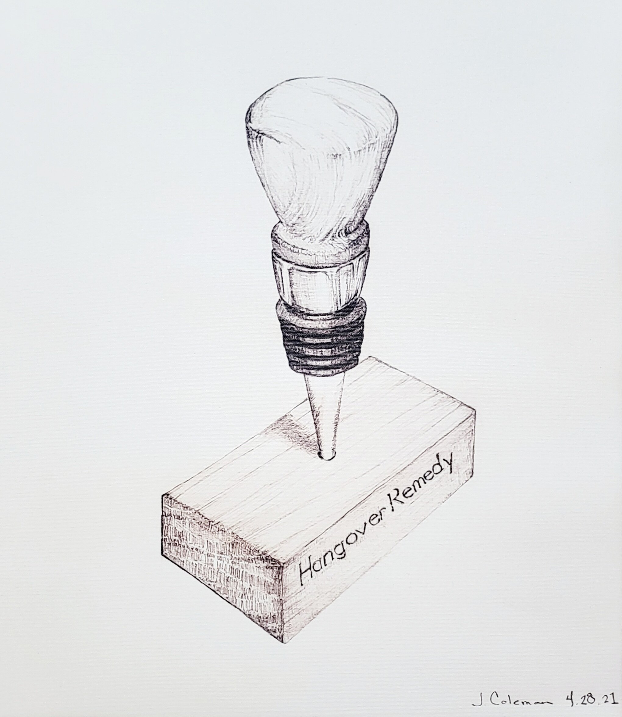 Jennifer Coleman Bryant-Wieber; Hangover Remedy, 2021, Original Drawing Graphite, 9 x 12 inches. Artwork description: 241 Inspiration obtained from a found object on my 1st trip to Northern Ireland.  Stayed in a lovely cottage outside of Comber and this stopper was in the kitchen window.  ...