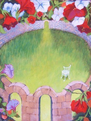 Jean Meyer; Garden Of Solitude, 2011, Original Painting Acrylic, 30 x 40 cm. Artwork description: 241   walled garden, empty garden, garden chair, flowers outside the walls, solitude     ...