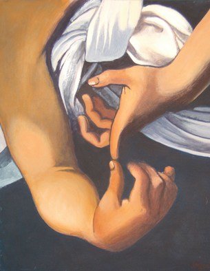 Jean Meyer; San Matteo And The Angel ..., 2003, Original Painting Acrylic, 20 x 25 cm. Artwork description: 241  hands, angel, saint, detail  ...