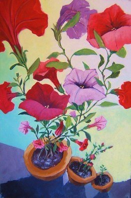 Jean Meyer; To The Light, 2011, Original Painting Acrylic, 50 x 60 cm. Artwork description: 241  Red potted flowers reaching for light ...