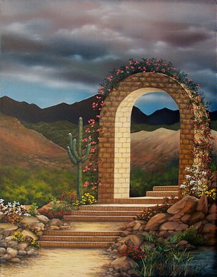 Jerry Sauls; Arched Walkway, 2008, Original Painting Oil, 22 x 28 inches. Artwork description: 241  The stunning view of the desert southwest with its contrasting vivid colors make the long and difficult walk up the gravel and brick stairway to the Villa more than worth the effort.   ...
