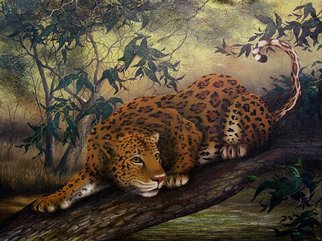 Jerry Sauls; Jungle Cat, 2005, Original Painting Oil, 24 x 18 inches. Artwork description: 241  'Jungle Cat' catches a large Jaguar perched on a tree limb and ready for action.  The atmosphere in the jungle is a bit eerie with the rays of sunlight trying to find their way through the thick vegetation. ...