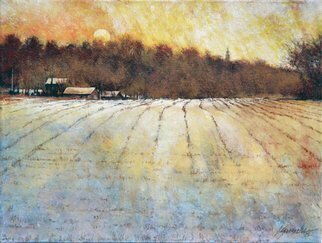 John Gamache; Snowy Fields And Mustard Skies, 2017, Original Painting Oil, 20 x 16 . Artwork description: 241 Stark winter corn field, colorfull sky gives it to life. ...