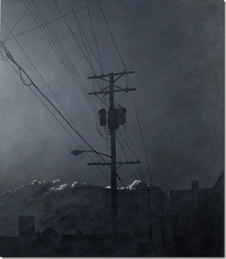 James Gwynne; Evening Fog With Telephon..., 2012, Original Painting Oil, 42 x 48 inches. Artwork description: 241  Foggy grey conditions with silhouettes of telephone pole and roof tops and highlighted background clouds ...