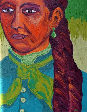 Jaime Hesper; Esmeralda, 2012, Original Painting Oil, 11 x 14 inches. Artwork description: 241  bold colorful,  portrait of woman, expressionist, thick paint, heavy brushstrokes, inspired by vintage photo,  history, orange, magenta, turquoise, green prominent colors, oil on canvas. gallery wrapped canvas.             ...