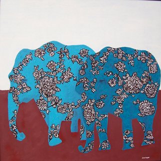 Jaime Hesper; Leaving The Matriarch, 2006, Original Painting Oil, 24 x 24 inches. Artwork description: 241  inspired by fabric prints. floral ivory, brown, and turquoise elephants on brick red and ivory background. Oil on hardboard with black metal frame. ...