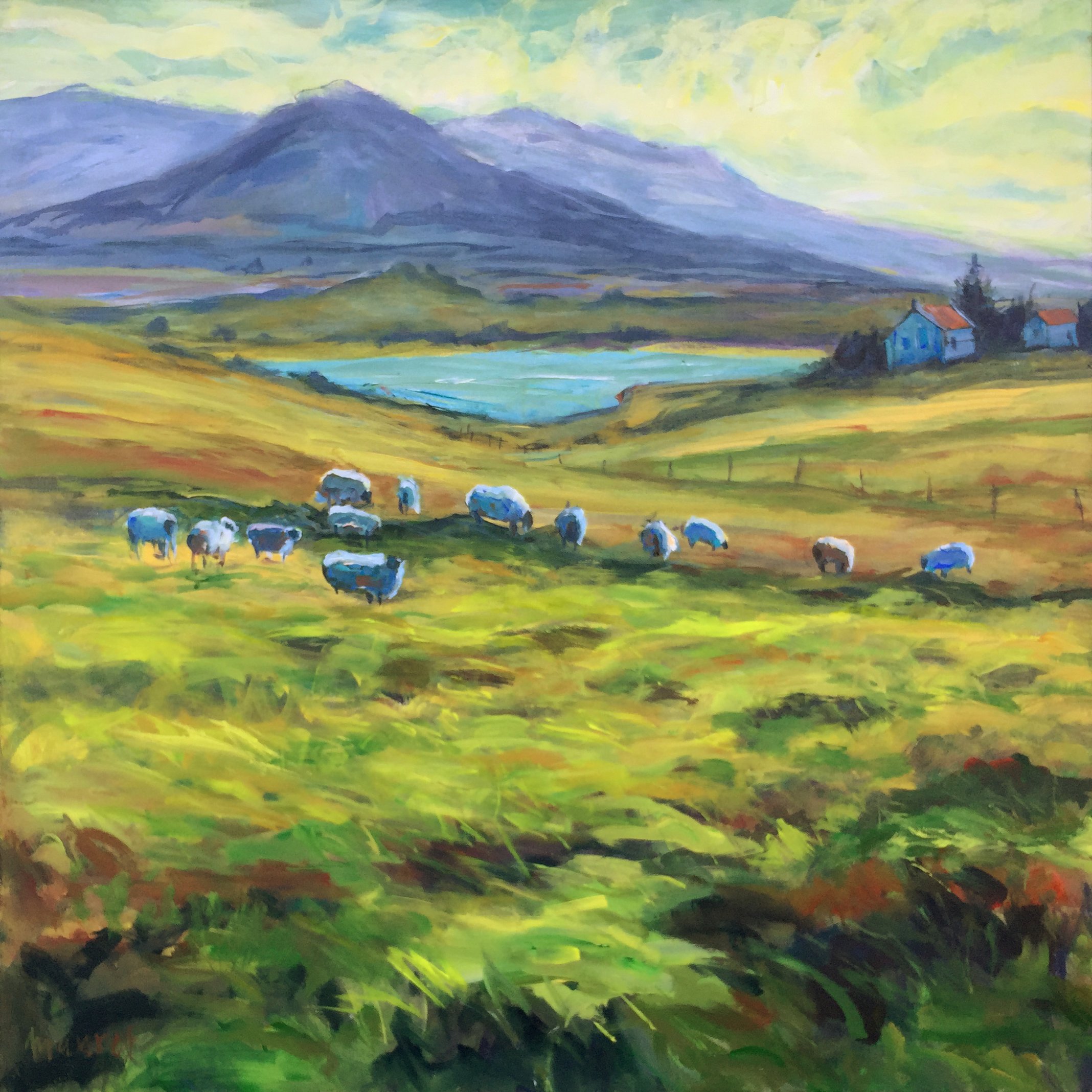 John Maurer, 'Grazing Derryinver Ireland', 2019, original Painting Acrylic, 32 x 32  x 2 inches. Artwork description: 1911 Ireland is my current favorite subject for painting.  It was my most recent travel destination.  This piece is one of the zillion stunning views I experienced on my two week excursion.  Painted on canvas using palette knives and brushes.  Includes a brushed silver floater frame. ...