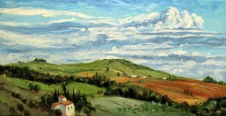 John Maurer, 'A Tuscan Sky', 2017, original Painting Oil, 50 x 26  x 2 inches. Artwork description: 1911 One of the many, beautiful views I experienced along the Chianti Trail in Tuscany.  Near San Gimigniano.  Painted on canvas using palette knives and brushes.  Includes a brushed silver floater frame. ...