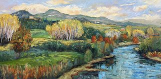 John Maurer; River Serchio Lucca Italy, 2019, Original Painting Oil, 50 x 26 inches. Artwork description: 241 Painted from a sketch and photo taken while traveling in Tuscany.  Oil on canvas.  Framed in a brushed silver floater frame with black sides. ...