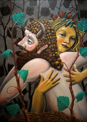 Joao Werner; Satyr And Nymph, 2017, Original Painting Oil, 50 x 70 cm. 