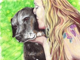 Jodie Hammonds; Roxxy And The Kiss, 2016, Original Drawing Pencil, 10 x 8 inches. Artwork description: 241 Color, Labrador, kiss, dog...