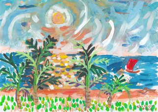 John Douglas; Rred Boat Blue Sea, 2016, Original Painting Other, 29.7 x 21 cm. Artwork description: 241 Sunset, Sri Lanka.Gouache, pen, newspaper collage on paper. From life. ...