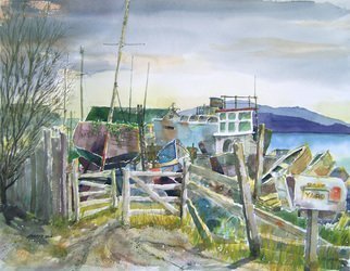 John Hopper; Mendocino Boatyard, 2012, Original Watercolor, 30 x 26 inches. Artwork description: 241    Along Highway 1 on the Mendocino coast a collection of boats reside, some not to sail again, some waiting restoration, all biding time and weather behind a wooden gate.   ...
