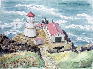 John Hopper; Poppies At Point Reyes Station, 2012, Original Watercolor, 30 x 21 inches. Artwork description: 241  Like petals strewn along side your path the poppies wave you on down the steep stair and path to the Pt. Reyes Station Light below with the Pacific Ocean as the backdrop.The original watercolor is 30