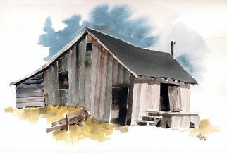 John Hopper; Saranap Shed, 1975, Original Watercolor, 14 x 9 inches. Artwork description: 241  Located on a railroad spur this shed and loading dock was used for sending milk cans to market in the early 1900s.  Abandoned when the rail line was torn up, the shed was razed and replaced by a 7- 11 convenience store.  The price of progress in ...