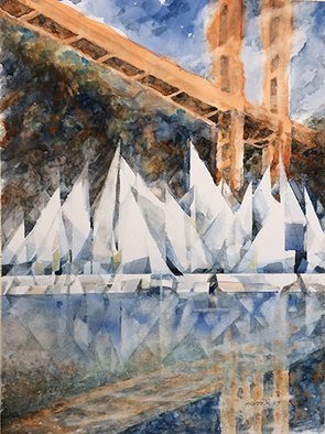 John Hopper; Opening Day On The Bay, 2017, Original Watercolor, 24 x 30 inches. Artwork description: 241   Clouds scurry across the Golden Gate low enough to obscure the towers and to make the sails on the boats below bow to her majestyaEUR
