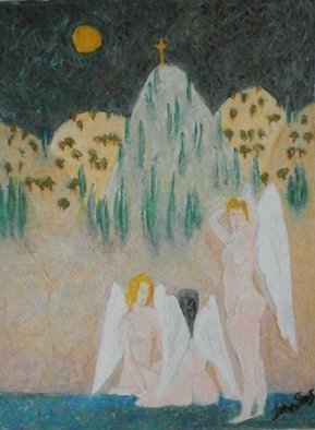 John Sims; Bathing Angels Cyprus, 2009, Original Pastel Oil, 30 x 40 cm. Artwork description: 241 Another Cyprus winged figure dream in Oil Pastel on Paper...