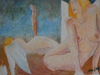John Sims; Dream Of Angels Cyprus, 2009, Original Pastel Oil, 40 x 29 cm. Artwork description: 241 An early oil pastel on paper. I often Had dreams that featured naked winged figures. In this dream that is me in the background with my sculptors mallet in the bottom left...