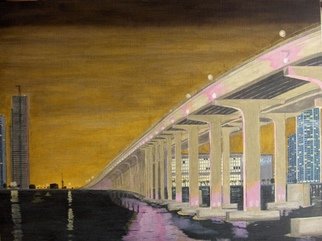 Joshua Goehring; Causeway Bridge, 2008, Original Painting Oil, 24 x 18 inches. Artwork description: 241  Original oil on linen panel painting depicting the lights of the 195 Causeway Bridge in Miami, FL. ...