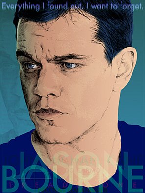 Trevor Heath; Bourne, 2008, Original Printmaking Giclee, 33 x 44 cm. Artwork description: 241  Matt Damon as Jason Bourne. Each original fine art giclee print is individually made, numbered and signed by the artist. The print is created with lightfast pigmented inks in an eight- colour inkjet printer on Hahnemuhle archive quality FineArt Pearl 285 gsm.  ...