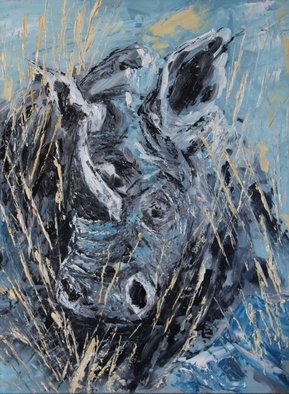 Willem Petrus Kallmeyer; White Rhino, 2014, Original Painting Oil, 30 x 40 cm. Artwork description: 241  the absolute beauty of these animals, which is under threat by poaching compels you to paint them, , this was done with pallet knife in a realistic abstract jeandre      ...