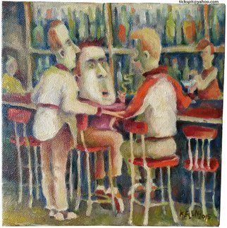 L. Kelen; Weary Traveler, 2015, Original Painting Oil, 8 x 8 inches. Artwork description: 241  bar, saloon, interior, boys, meeting, casual.  Only a cell phone photograph, it will be replaced by a high quality professional photo later.  I wanted to show what I was up to. ...