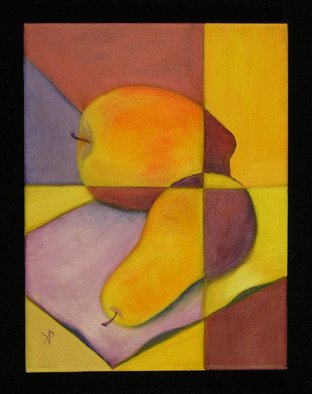 Kelly Parker; VY Still Life, 2010, Original Painting Oil, 9 x 12 inches. Artwork description: 241  still life, fruit, pear, pears, apple, apples, oil, oil painting, divided, 2 color, 2- color, violet, purple, yellow, yellows, complimentary colors,  ...